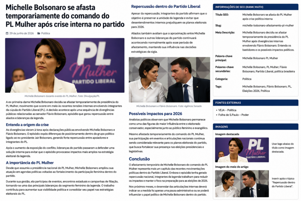 Michelle Bolsonaro se afasta temporariamente do comando do PL Mulher após crise interna no partido