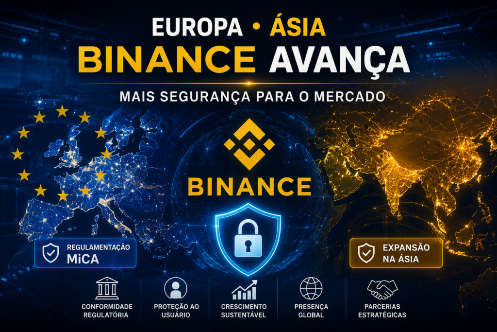 Imagem ilustrando a expansão da Binance na Europa e Ásia com foco em regulamentação e crescimento do mercado cripto. Imagem ilustrando a expansão da Binance na Europa e Ásia com foco em regulamentação e crescimento do mercado cripto.