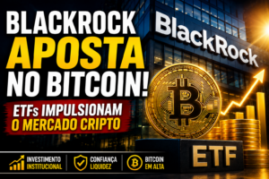 Imagem destacada mostrando a BlackRock e o crescimento dos ETFs de Bitcoin como fator de fortalecimento do mercado de criptomoedas.