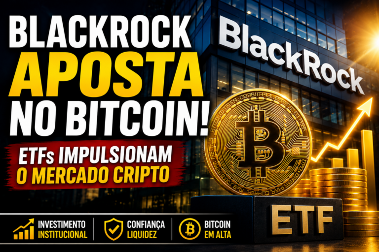 Imagem destacada mostrando a BlackRock e o crescimento dos ETFs de Bitcoin como fator de fortalecimento do mercado de criptomoedas.