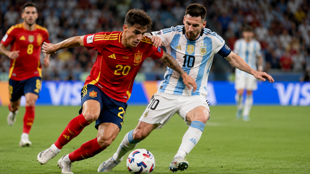 Disputa de bola entre Espanha e Argentina durante a final da Copa do Mundo de 2026.