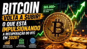 Representação do Bitcoin com gráfico de alta ao fundo, simbolizando a recuperação do mercado de criptomoedas em 2026.