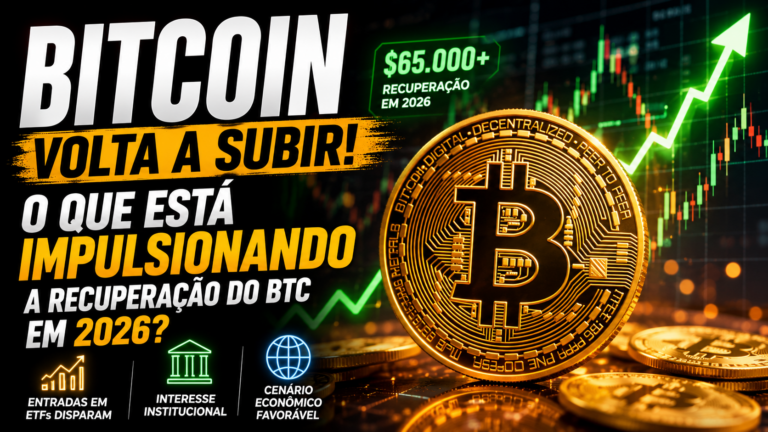 Representação do Bitcoin com gráfico de alta ao fundo, simbolizando a recuperação do mercado de criptomoedas em 2026.