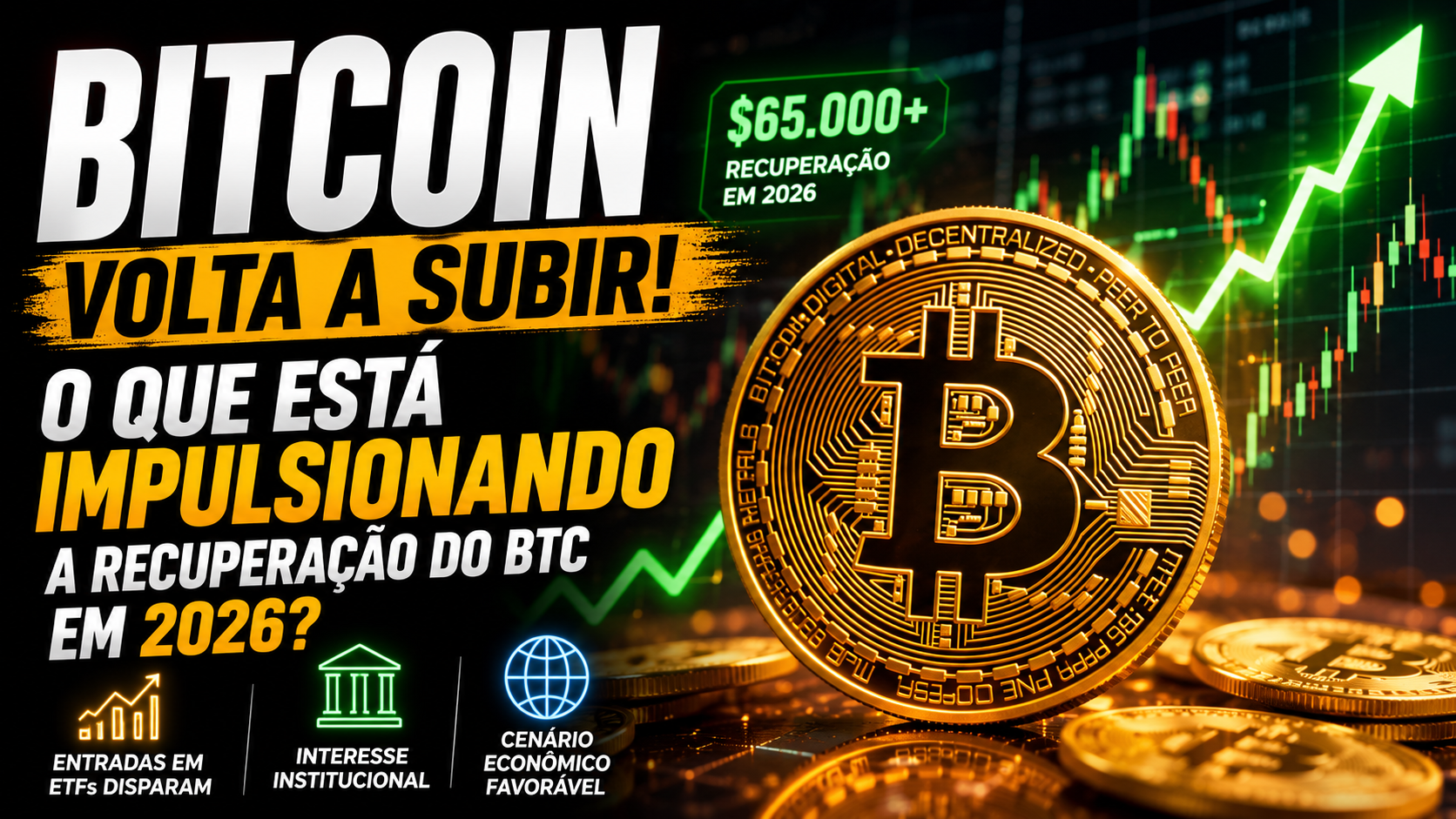 Representação do Bitcoin com gráfico de alta ao fundo, simbolizando a recuperação do mercado de criptomoedas em 2026.