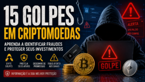 Imagem ilustrativa sobre golpes em criptomoedas, mostrando um hacker e alertas de segurança para ajudar investidores a identificar fraudes e proteger seus ativos digitais.
