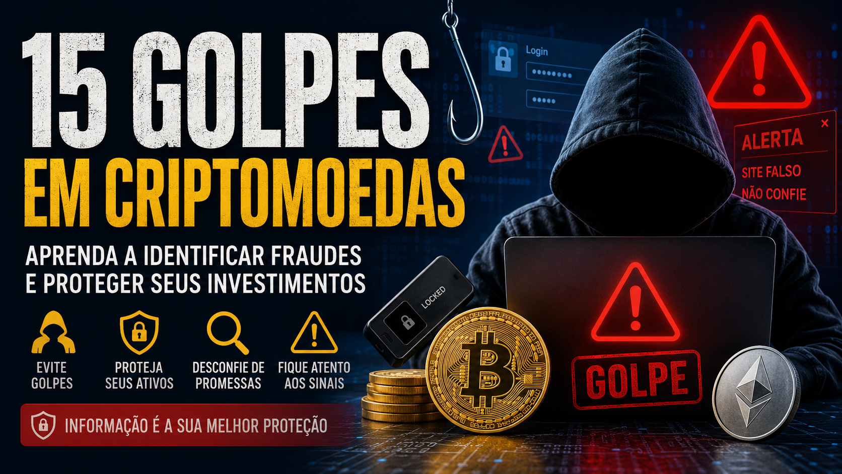 Imagem ilustrativa sobre golpes em criptomoedas, mostrando um hacker e alertas de segurança para ajudar investidores a identificar fraudes e proteger seus ativos digitais.
